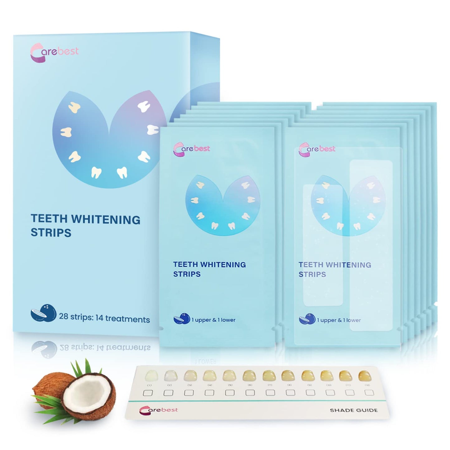 Carebest Teeth Whitening Strips - Sensitive Teeth Safe Whitening Kit, Enamel Safe Coconut Whitener | 28 Strips
