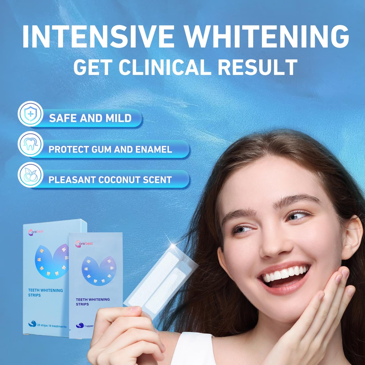 Carebest Teeth Whitening Strips - Sensitive Teeth Safe Whitening Kit, Enamel Safe Coconut Whitener | 28 Strips