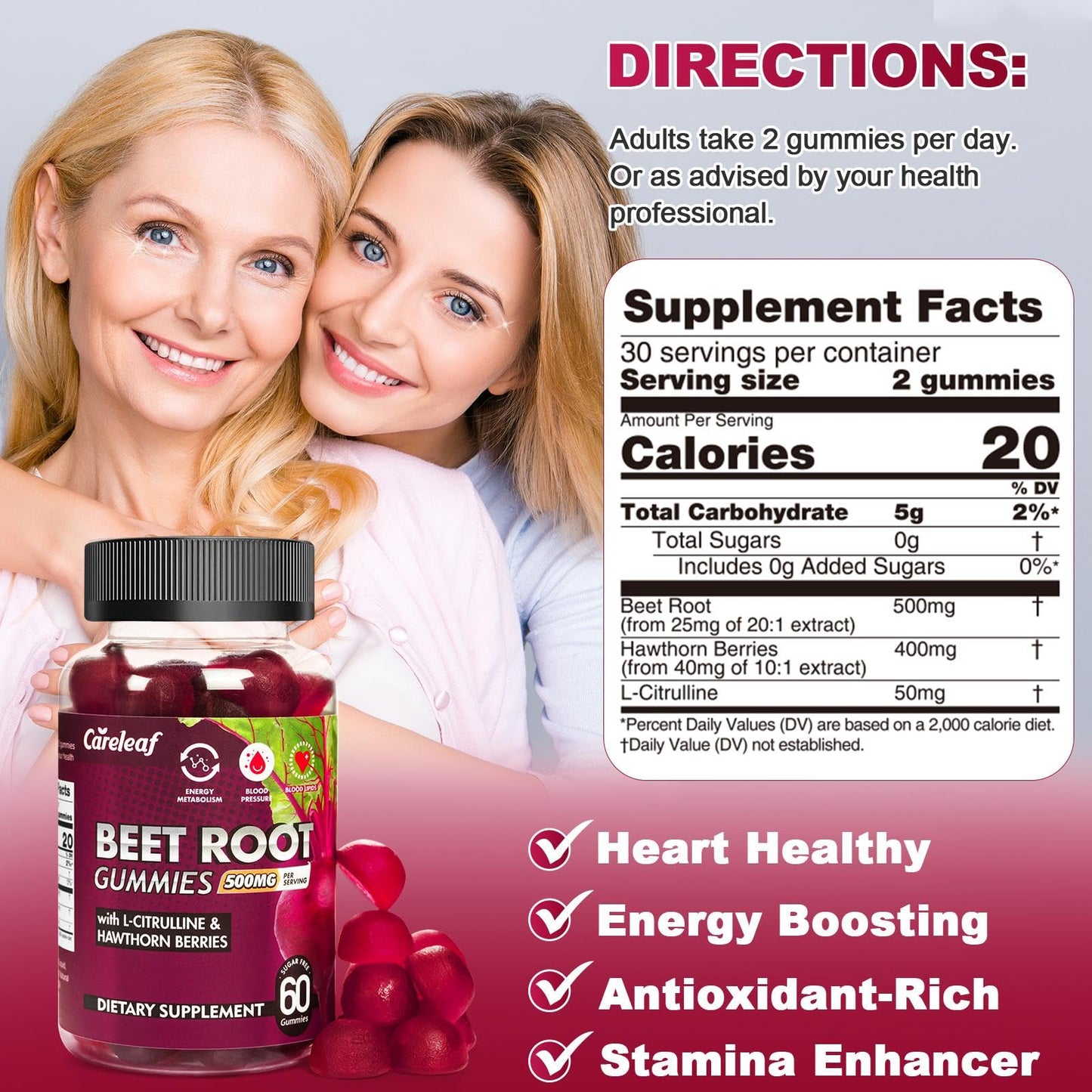CareLeaf Sugar Free Vegan Beet Root Gummies for Blood Pressure – Peach Flavor, 60 Count