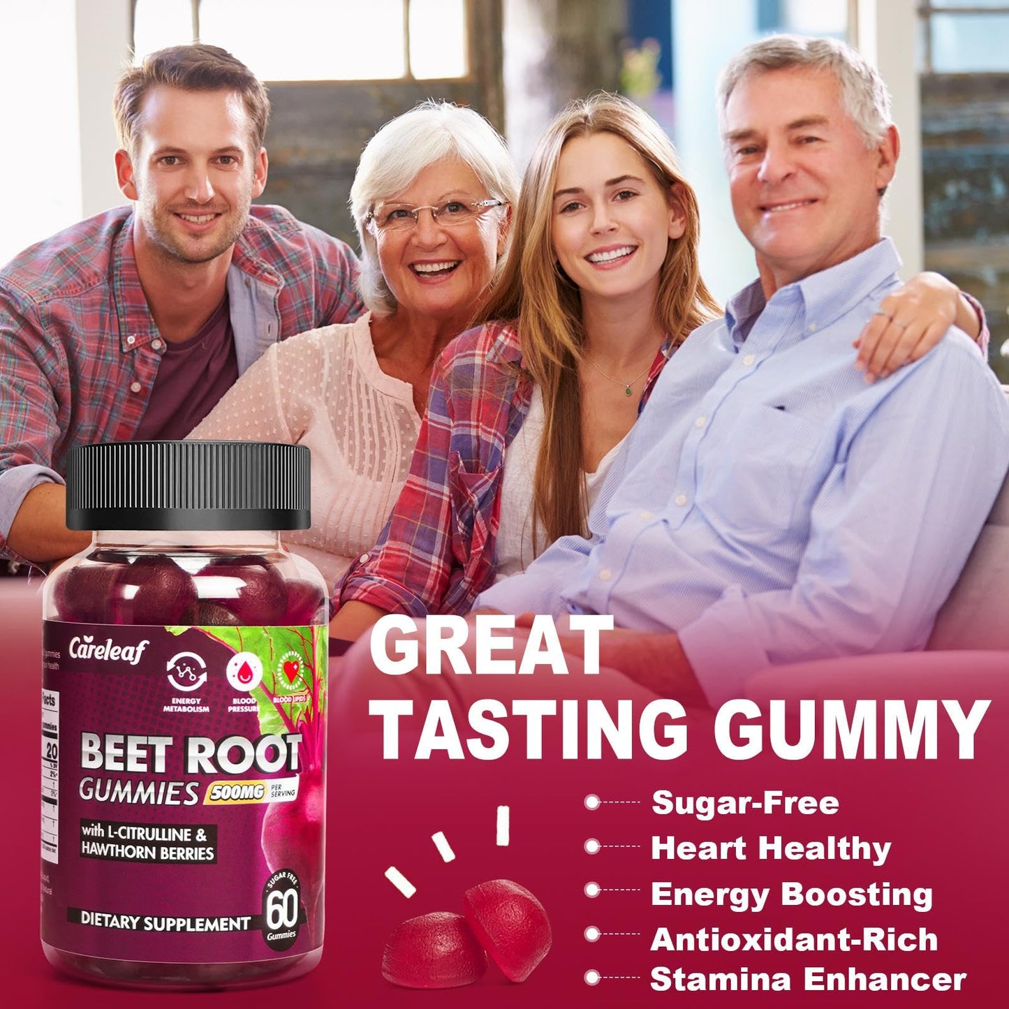 CareLeaf Sugar Free Vegan Beet Root Gummies for Blood Pressure – Peach Flavor, 60 Count