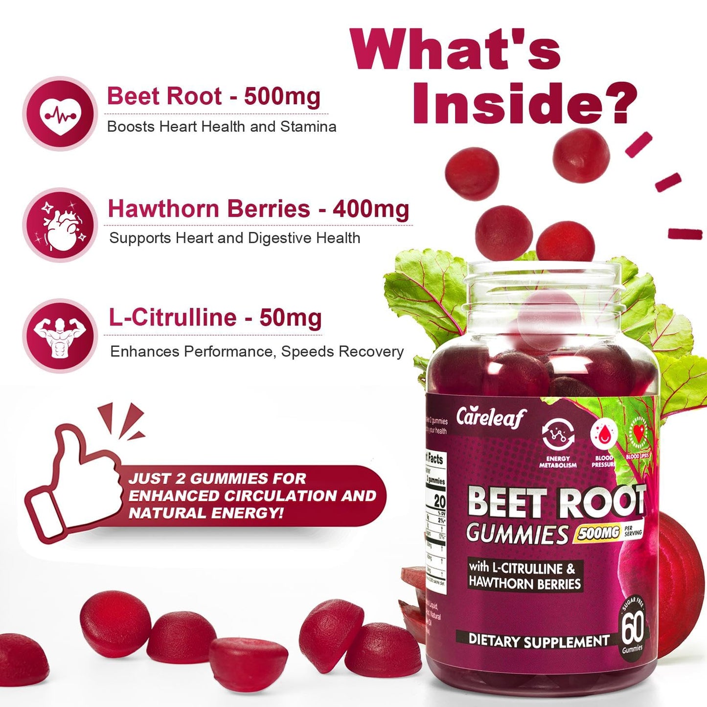 CareLeaf Sugar Free Vegan Beet Root Gummies for Blood Pressure – Peach Flavor, 60 Count