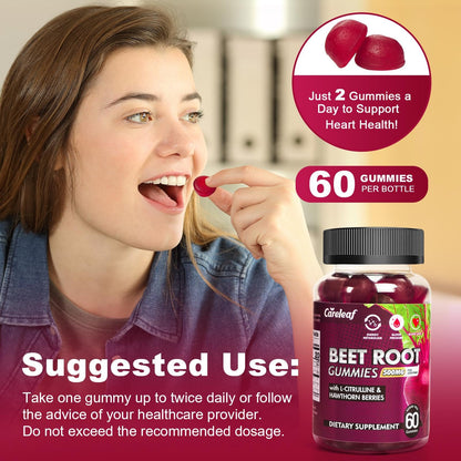 CareLeaf Sugar Free Vegan Beet Root Gummies for Blood Pressure – Peach Flavor, 60 Count