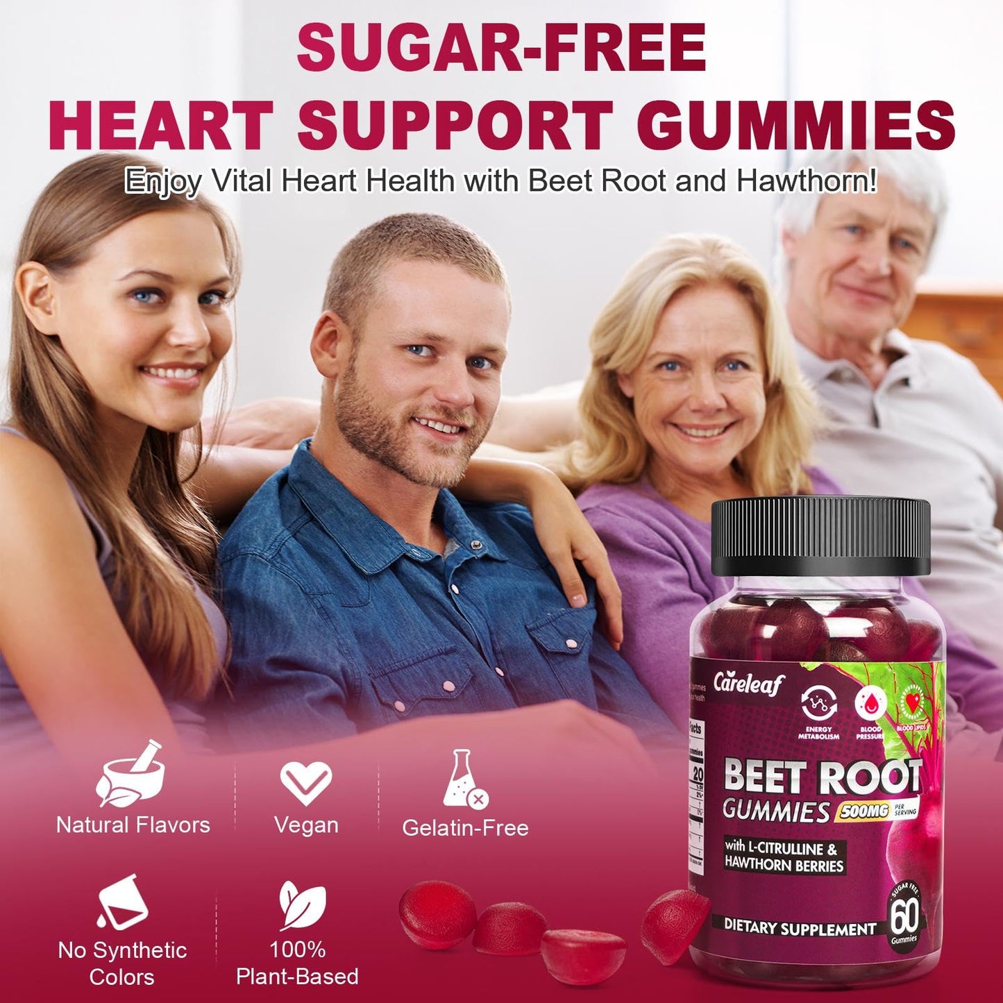 CareLeaf Sugar Free Vegan Beet Root Gummies for Blood Pressure – Peach Flavor, 60 Count