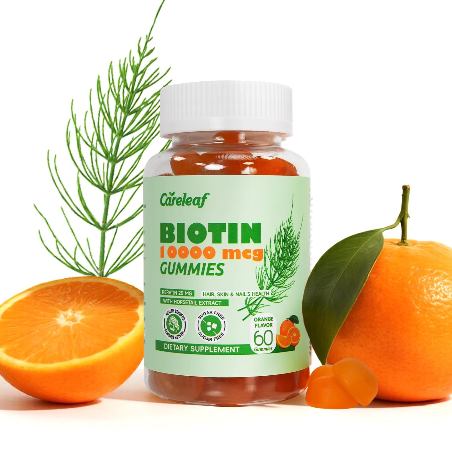 Careleaf Biotin Gummies – 10000 mcg Biotin for Hair Growth, Nails & Skin | 60 Count, Orange