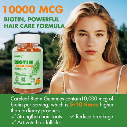 Careleaf Biotin Gummies – 10000 mcg Biotin for Hair Growth, Nails & Skin | 60 Count, Orange