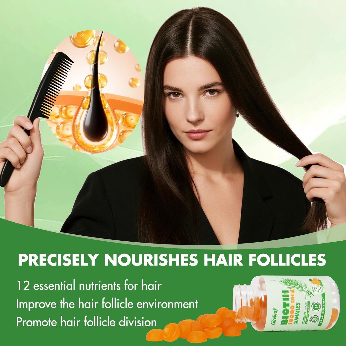 Careleaf Biotin Gummies – 10000 mcg Biotin for Hair Growth, Nails & Skin | 60 Count, Orange