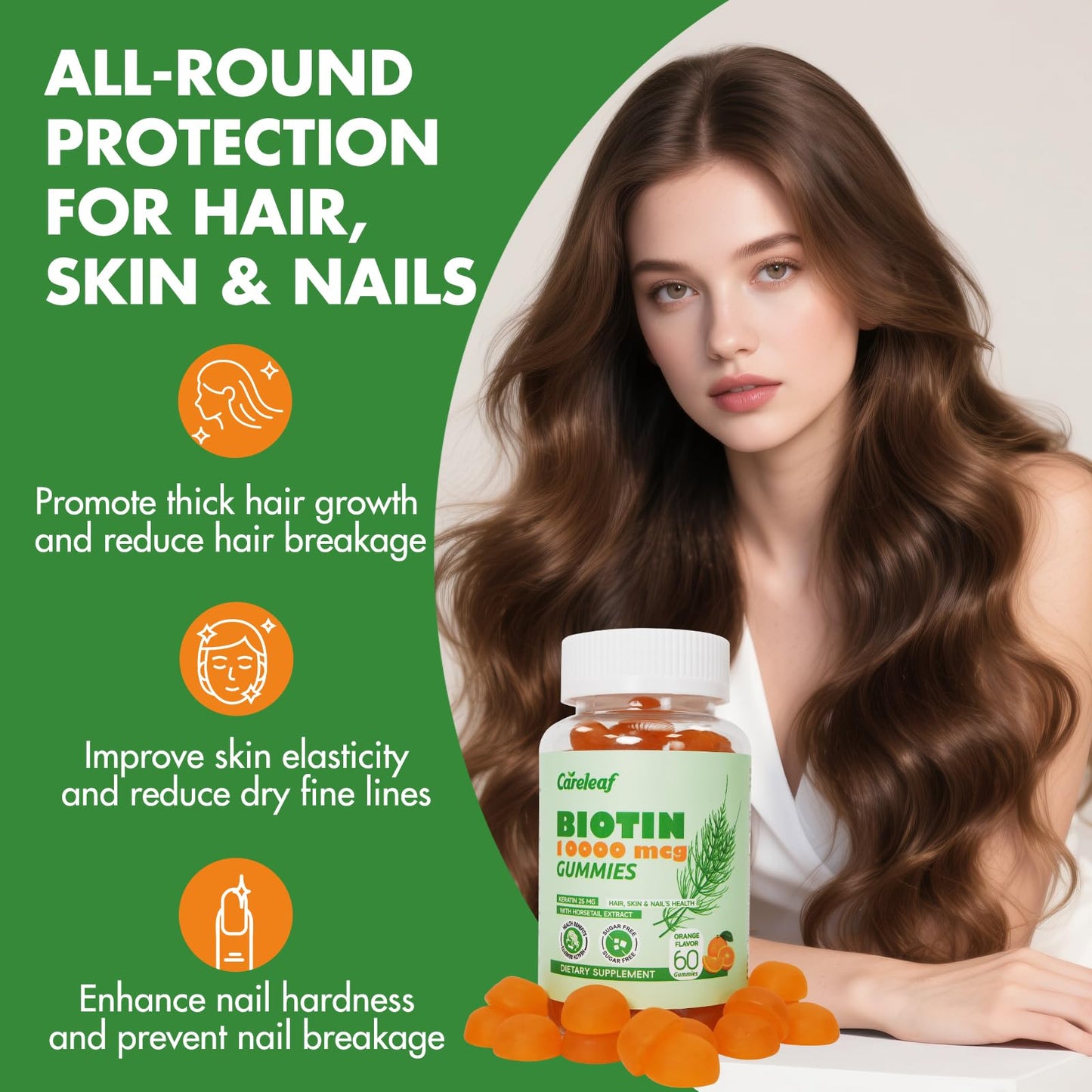 Careleaf Biotin Gummies – 10000 mcg Biotin for Hair Growth, Nails & Skin | 60 Count, Orange
