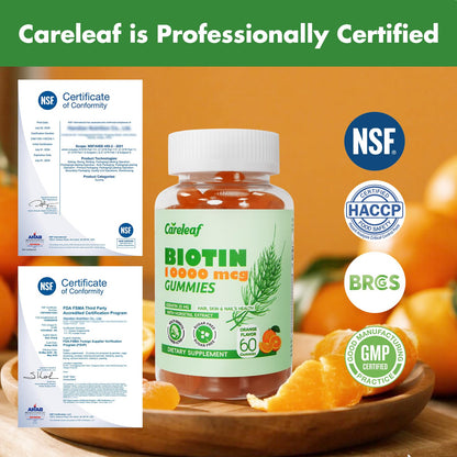 Careleaf Biotin Gummies – 10000 mcg Biotin for Hair Growth, Nails & Skin | 60 Count, Orange