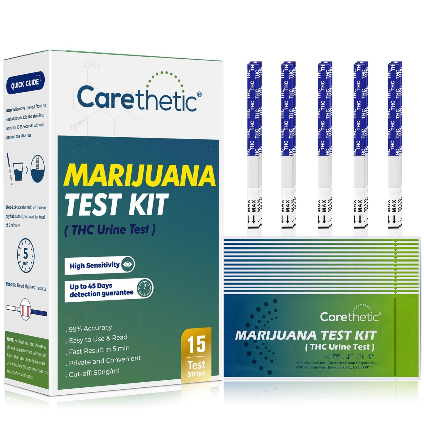Carethetic THC Test Kit - Marijuana Urine Test Strips, 15-Pack, 45-Day Detection, 99% Accurate - Home Use