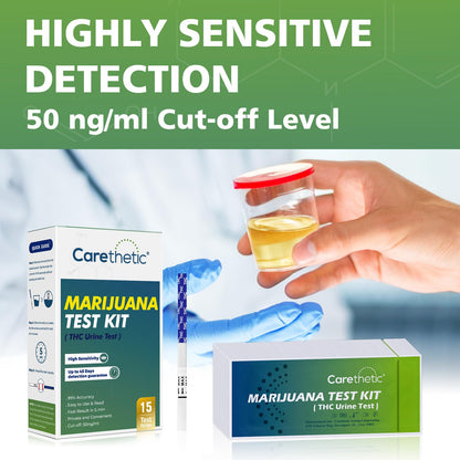 Carethetic THC Test Kit - Marijuana Urine Test Strips, 15-Pack, 45-Day Detection, 99% Accurate - Home Use