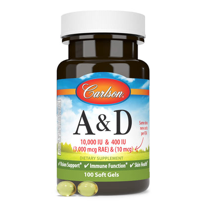 Carlson A&D Vitamin A & D3 - 10000 IU / 400 IU | Vision & Skin Health (100 Soft Gels)