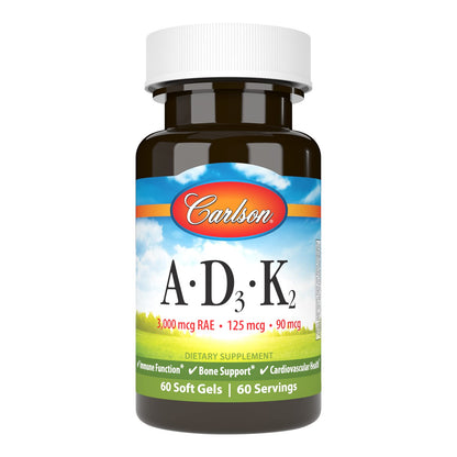 Carlson - Vitamins A, D3, K2, 60 Soft Gels | 3000 mcg RAE A, 125 mcg D3, 90 mcg K2 MK-7