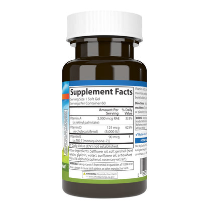 Carlson - Vitamins A, D3, K2, 60 Soft Gels | 3000 mcg RAE A, 125 mcg D3, 90 mcg K2 MK-7