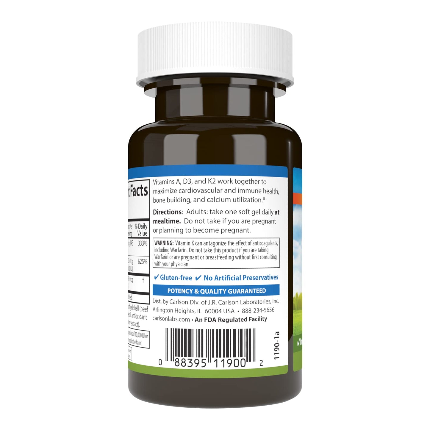 Carlson - Vitamins A, D3, K2, 60 Soft Gels | 3000 mcg RAE A, 125 mcg D3, 90 mcg K2 MK-7