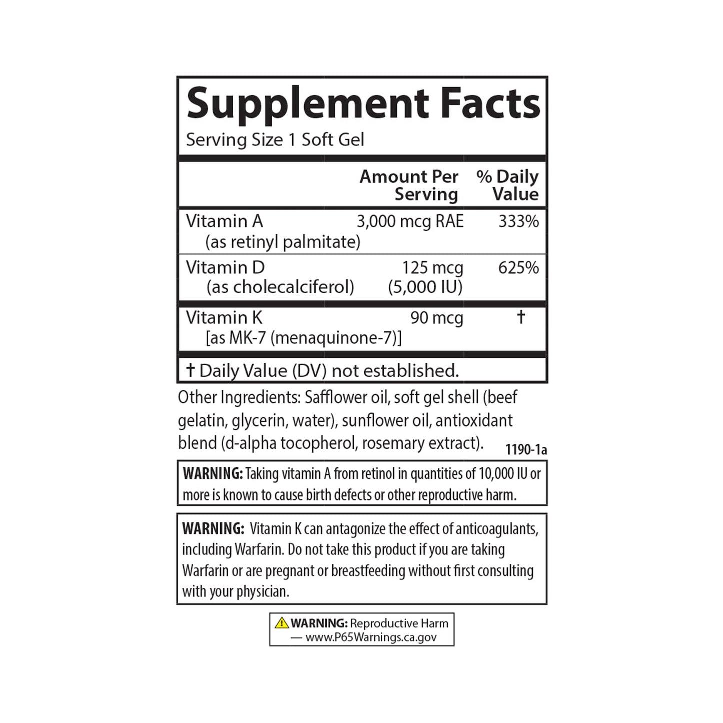 Carlson - Vitamins A, D3, K2, 60 Soft Gels | 3000 mcg RAE A, 125 mcg D3, 90 mcg K2 MK-7