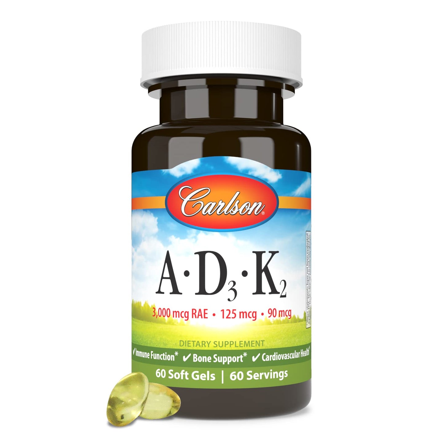 Carlson - Vitamins A, D3, K2, 60 Soft Gels | 3000 mcg RAE A, 125 mcg D3, 90 mcg K2 MK-7