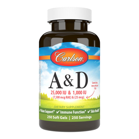 Carlson A&D Vitamin A & D Softgels – Vision & Skin Health | 25,000 IU / 1,000 IU | 250 Softgels BritishVita | Premium UK Vitamins & Wellness Supplements