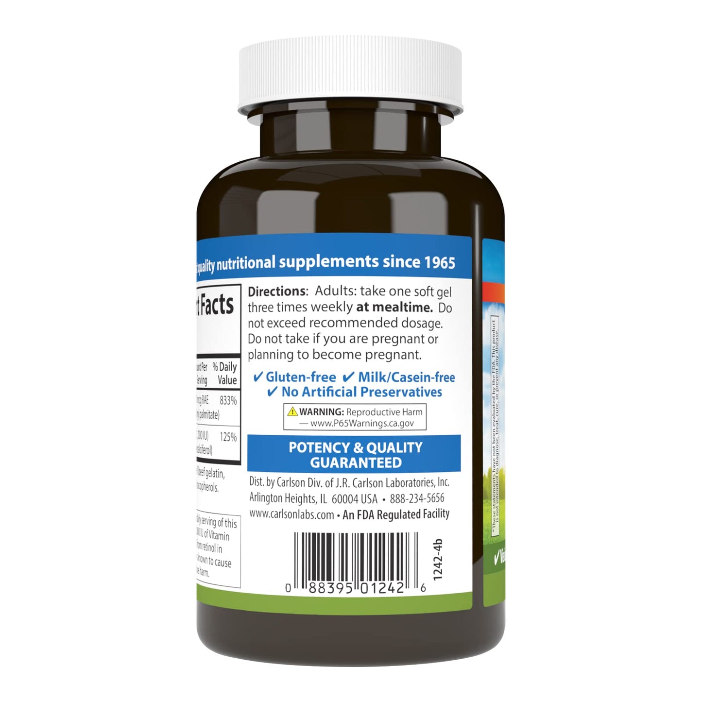 Carlson A&D Vitamin A & D Softgels – Vision & Skin Health | 25,000 IU / 1,000 IU | 250 Softgels