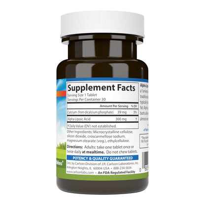 Carlson Alpha Lipoic Acid 300 mg – Energy Production & Universal Antioxidant | 30 Tablets