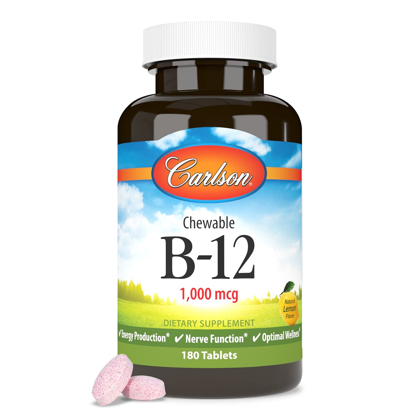 Carlson B-12 Chewable 1000 mcg - Energy, Nerve Function & Wellness - Lemon (180 tabs)