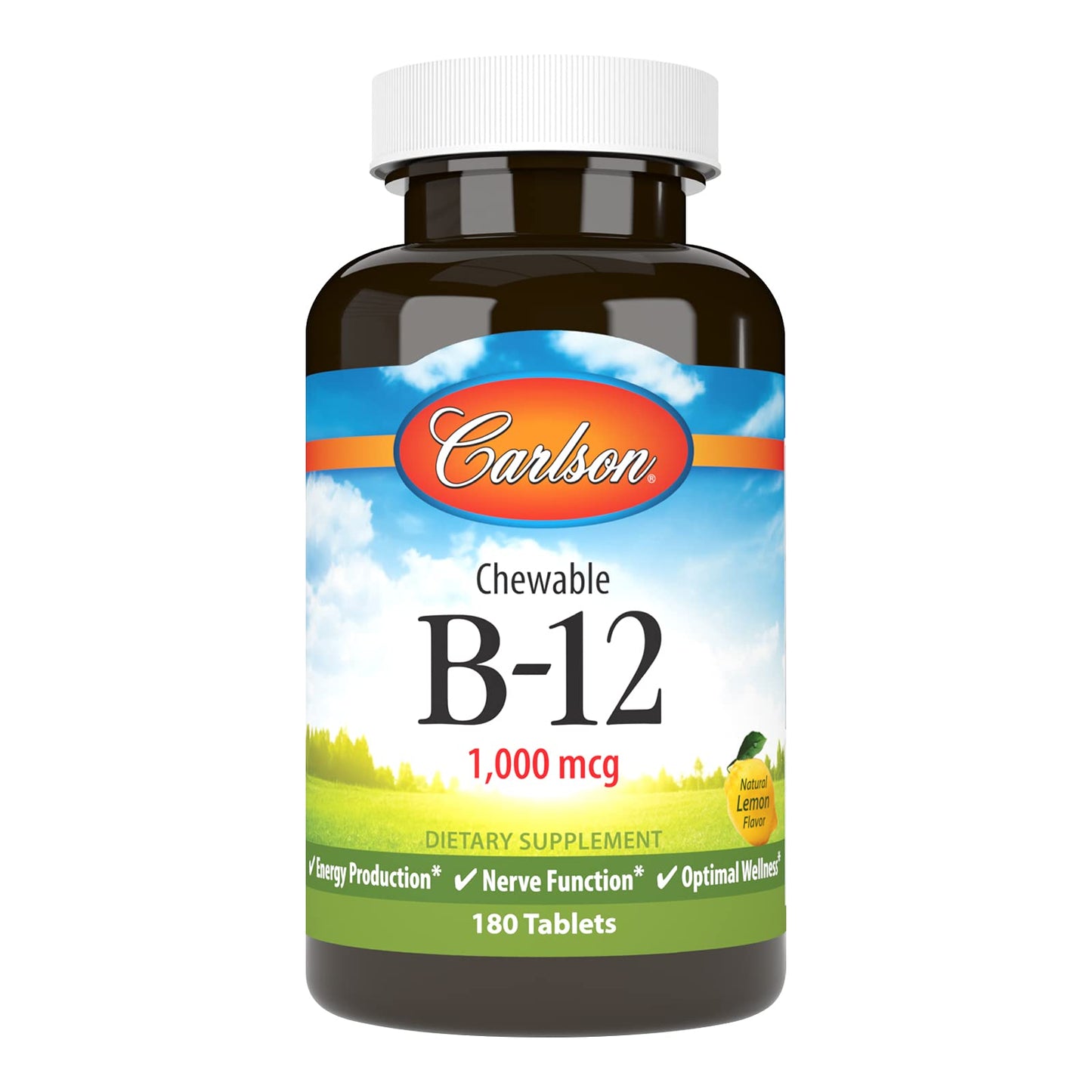 Carlson B-12 Chewable 1000 mcg - Energy, Nerve Function & Wellness - Lemon (180 tabs)