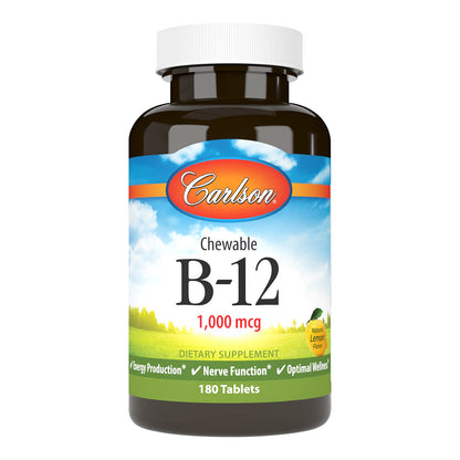 Carlson B-12 Chewable 1000 mcg - Energy, Nerve Function & Wellness - Lemon (180 tabs)