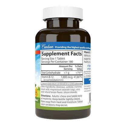 Carlson B-12 Chewable 1000 mcg - Energy, Nerve Function & Wellness - Lemon (180 tabs)
