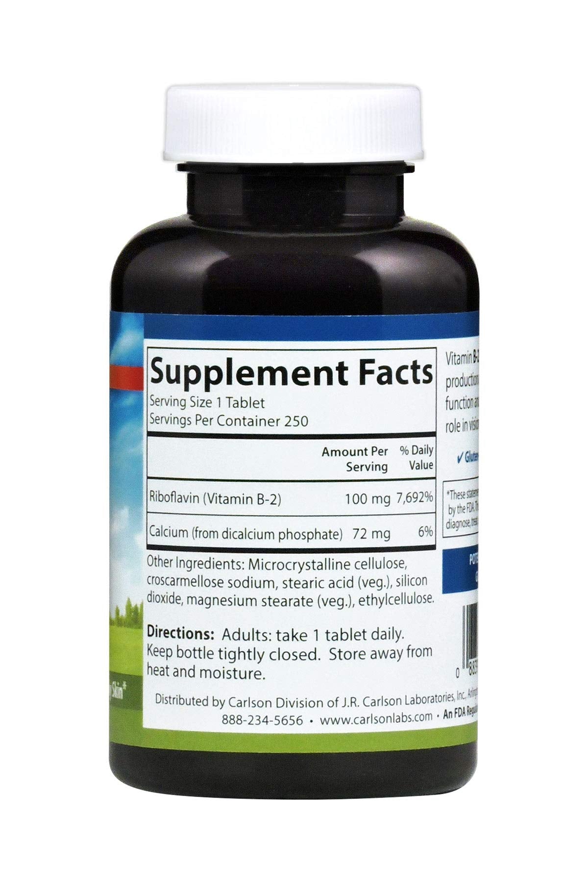 Carlson B-2 100 mg Riboflavin - Energy & Vision Support - 250 Vegetarian Tablets