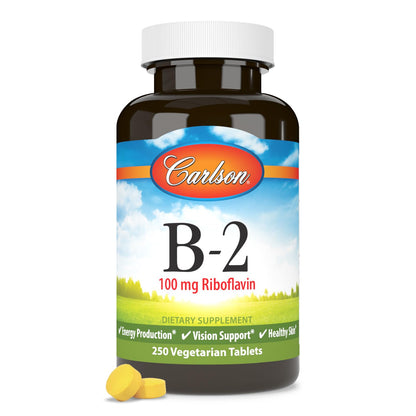 Carlson B-2 100 mg Riboflavin - Energy & Vision Support - 250 Vegetarian Tablets