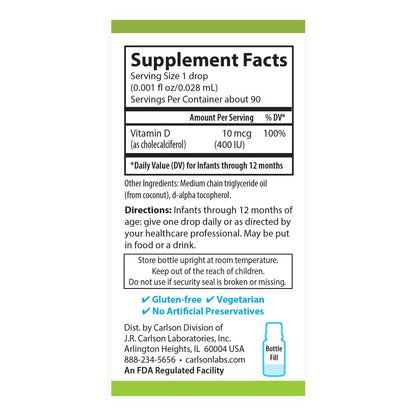 Carlson Baby D3 Drops – 400 IU, Algae-Sourced, Vegetarian Vitamin D for Infants & Toddlers