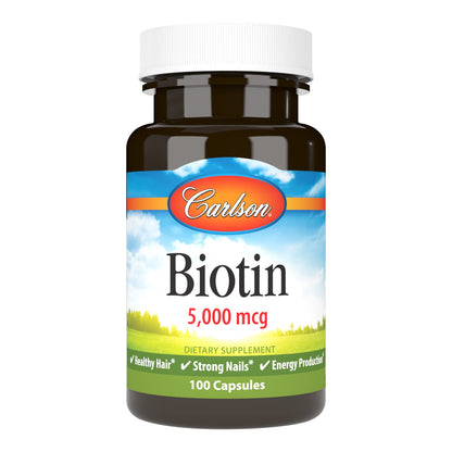 Carlson Biotin 5000 mcg - Healthy Hair, Strong Nails & Energy Production | 100 Capsules