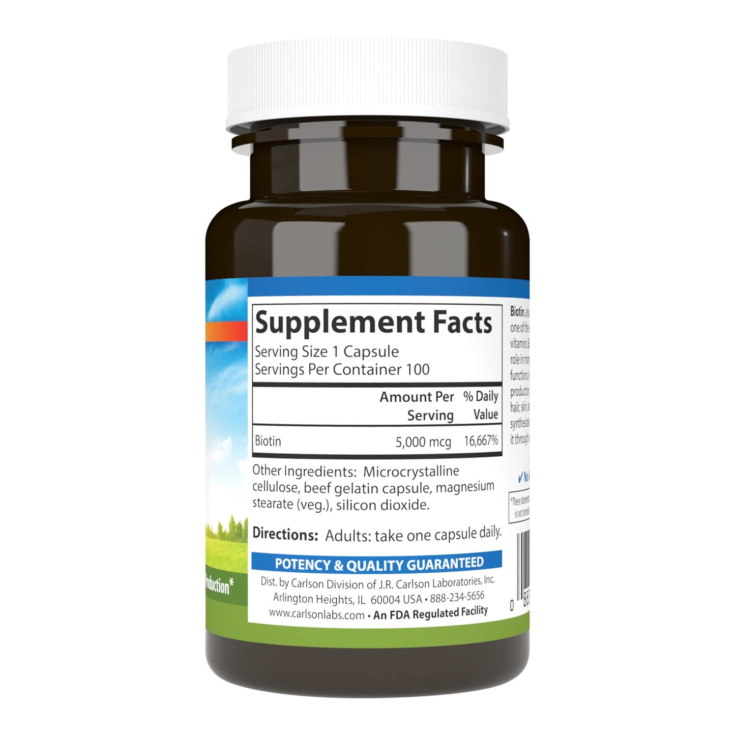 Carlson Biotin 5000 mcg - Healthy Hair, Strong Nails & Energy Production | 100 Capsules