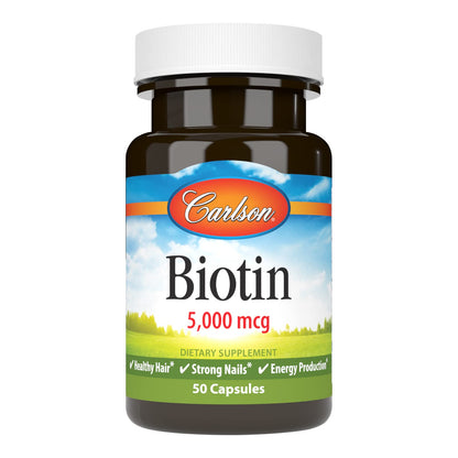 Carlson Biotin 5000 mcg – Healthy Hair, Strong Nails & Energy Production | 50 Capsules