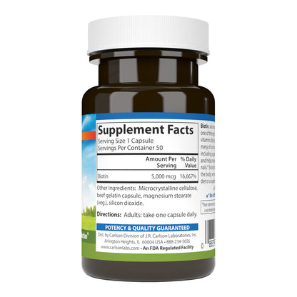 Carlson Biotin 5000 mcg – Healthy Hair, Strong Nails & Energy Production | 50 Capsules