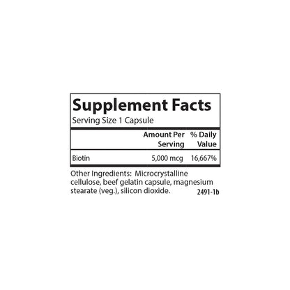 Carlson Biotin 5000 mcg – Healthy Hair, Strong Nails & Energy Production | 50 Capsules