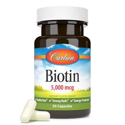 Carlson Biotin 5000 mcg – Healthy Hair, Strong Nails & Energy Production | 50 Capsules