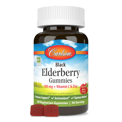 Carlson Black Elderberry Gummies with Vitamin C & Zinc | Immune Support - 60 Gummies