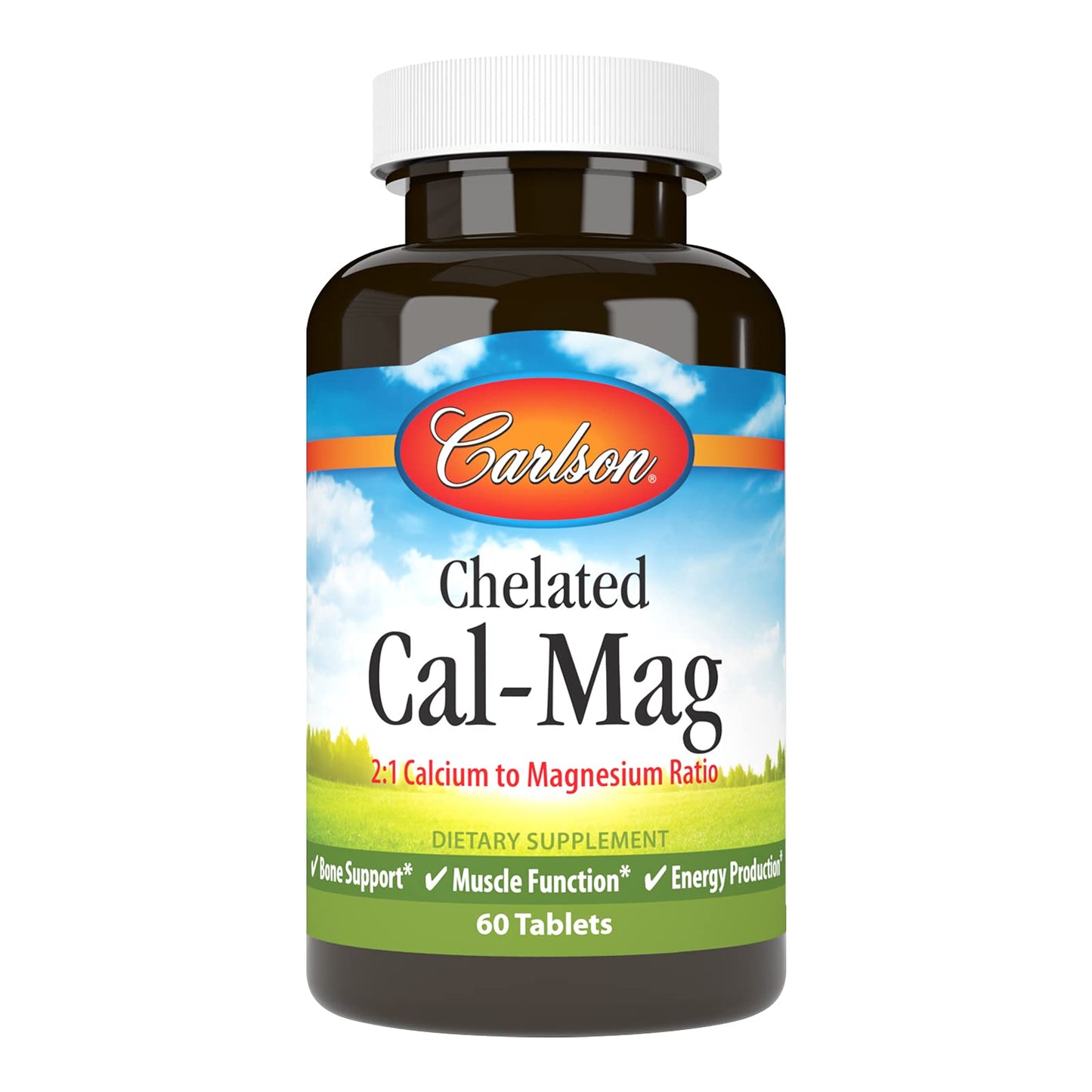 Carlson Chelated Cal-Mag 2:1 Calcium:Magnesium – Bone Support, Muscle Function & Energy Production, 60 Tablets