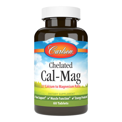 Carlson Chelated Cal-Mag 2:1 Calcium:Magnesium – Bone Support, Muscle Function & Energy Production, 60 Tablets