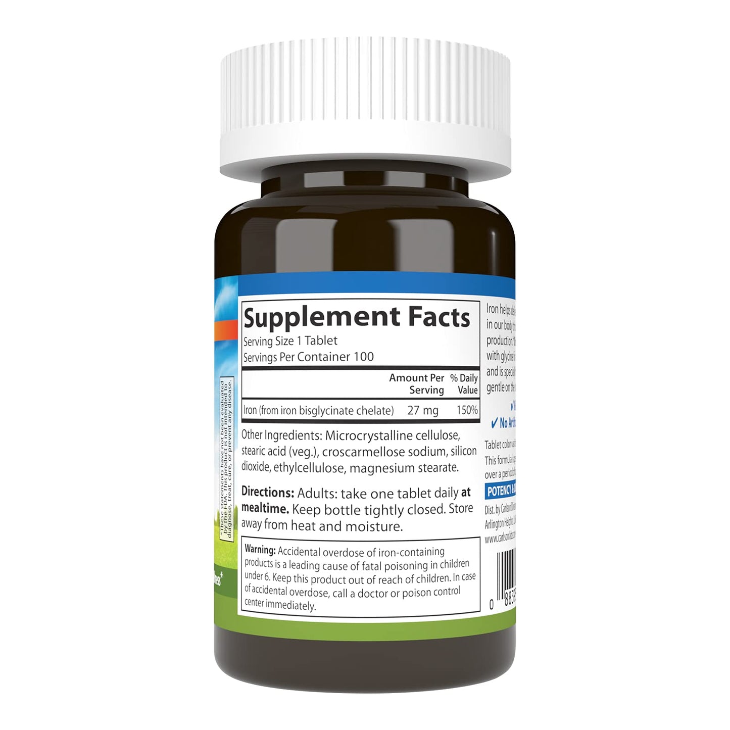 Carlson Chelated Iron 27 mg | Superior Absorption | 100 Tablets