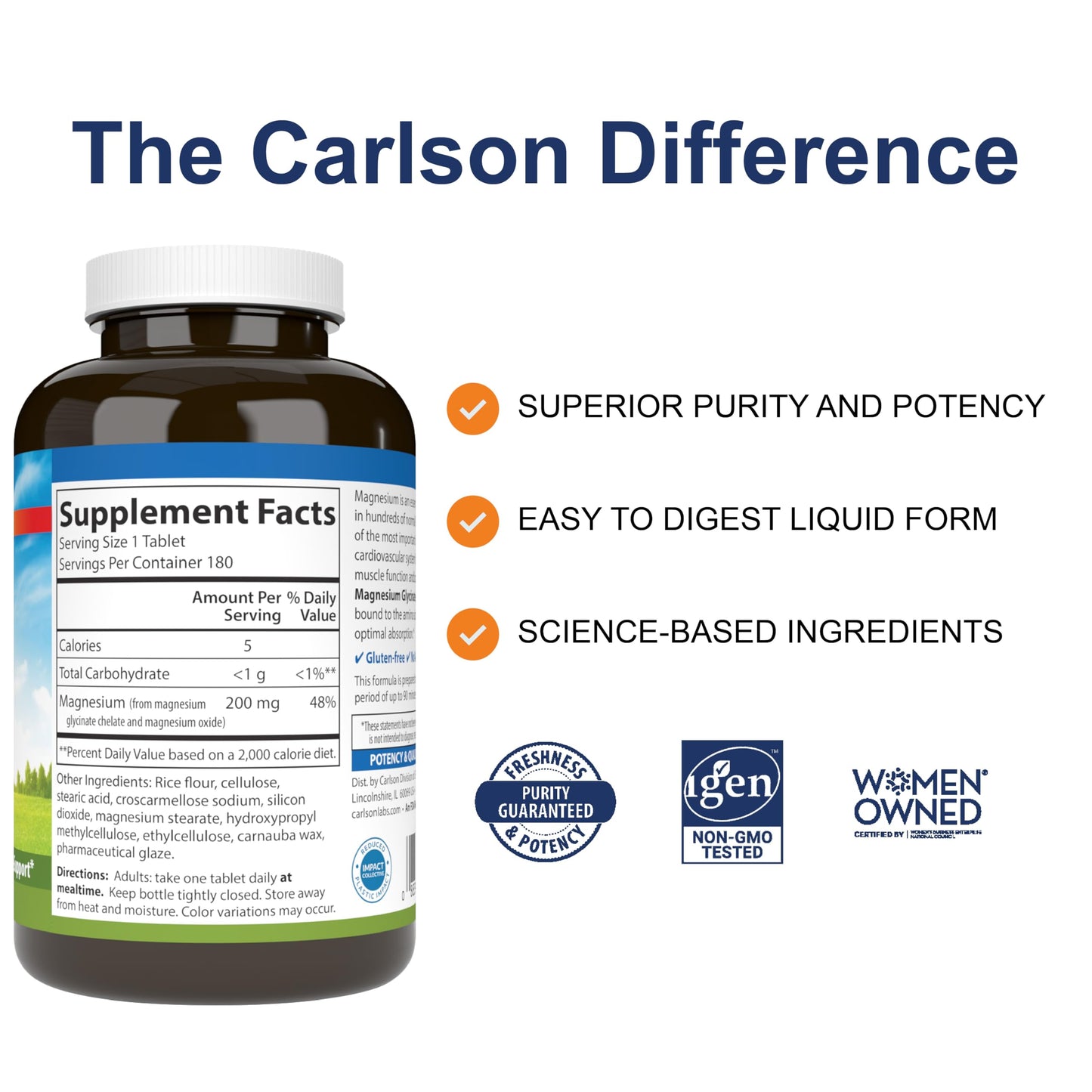Carlson Chelated Magnesium 200mg – 180 Tablets | Magnesium Glycinate Chelate Supplement