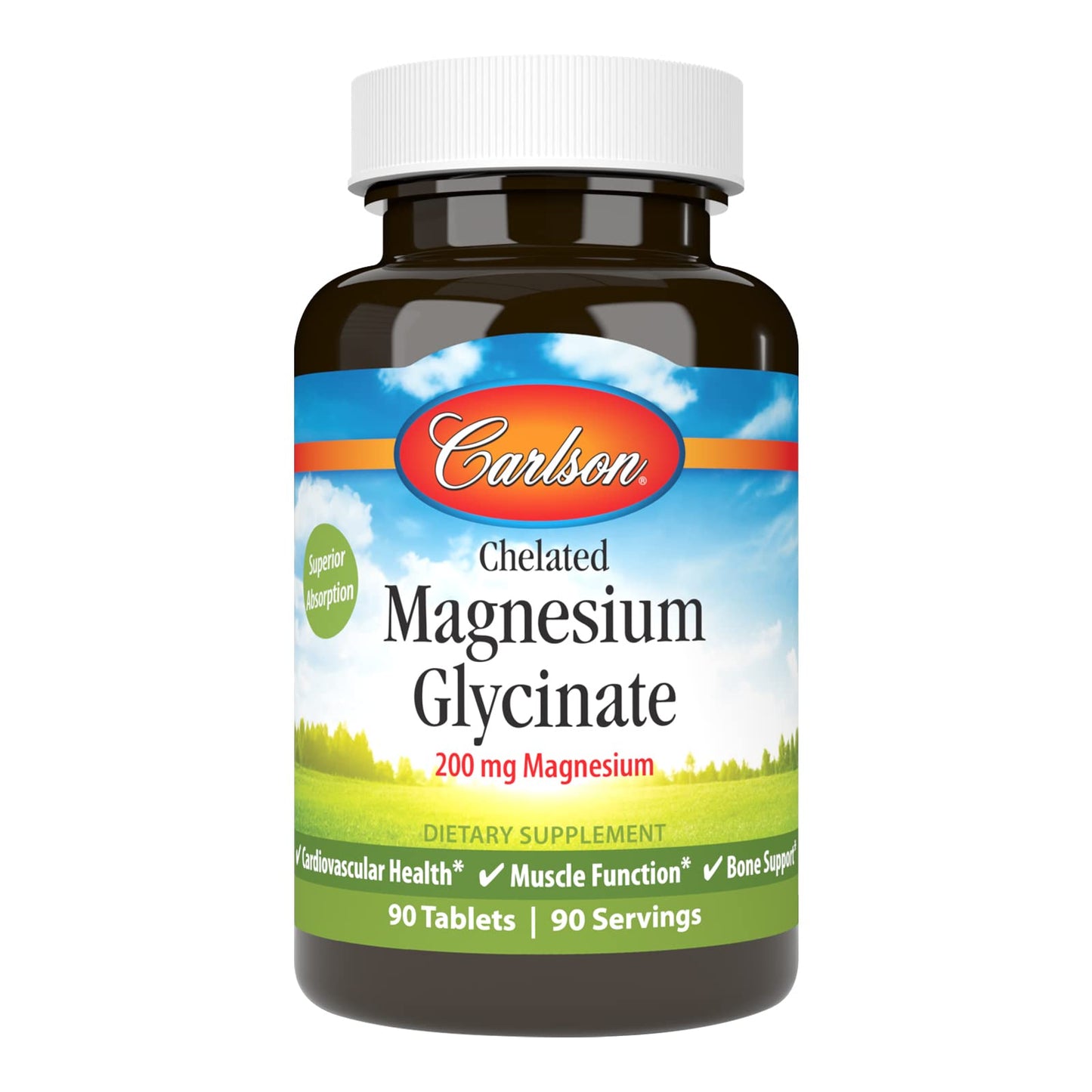 Carlson Chelated Magnesium 200 mg - Superior Absorption for Heart, Muscle & Bone Support | 90 Tablets