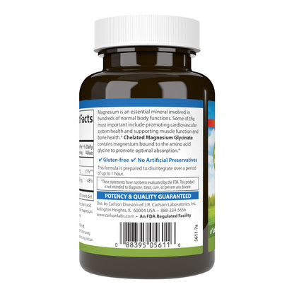 Carlson Chelated Magnesium 200 mg - Superior Absorption for Heart, Muscle & Bone Support | 90 Tablets