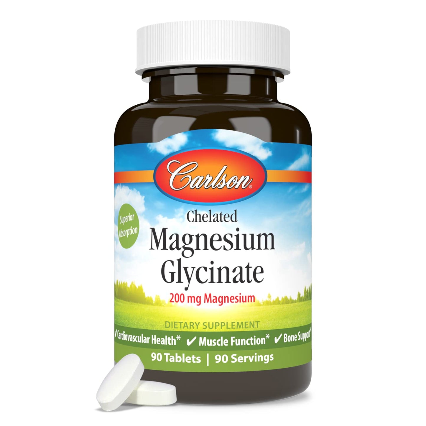 Carlson Chelated Magnesium 200 mg - Superior Absorption for Heart, Muscle & Bone Support | 90 Tablets