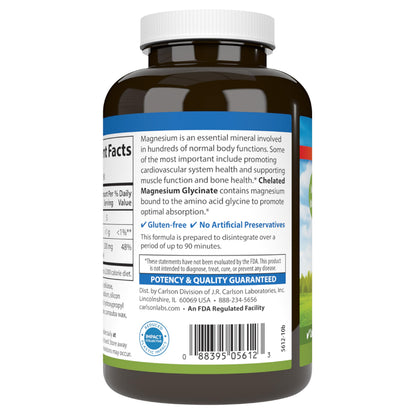 Carlson Chelated Magnesium 200mg – 180 Tablets | Magnesium Glycinate Chelate Supplement