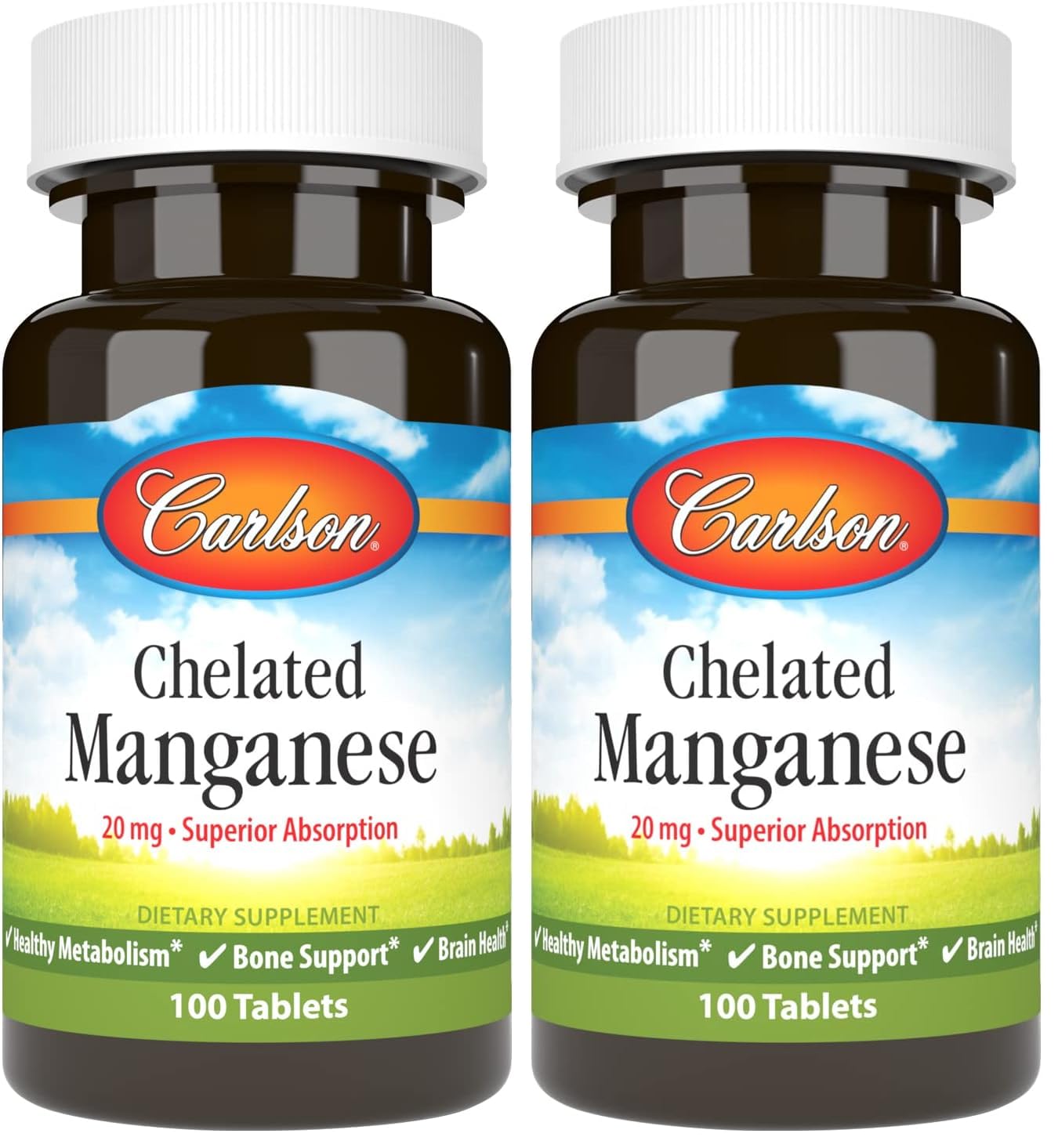 Carlson Chelated Manganese 20 mg | Superior Absorption | 100 Tablets (Pack of 2)