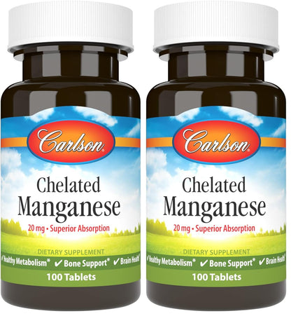 Carlson Chelated Manganese 20 mg | Superior Absorption | 100 Tablets (Pack of 2)