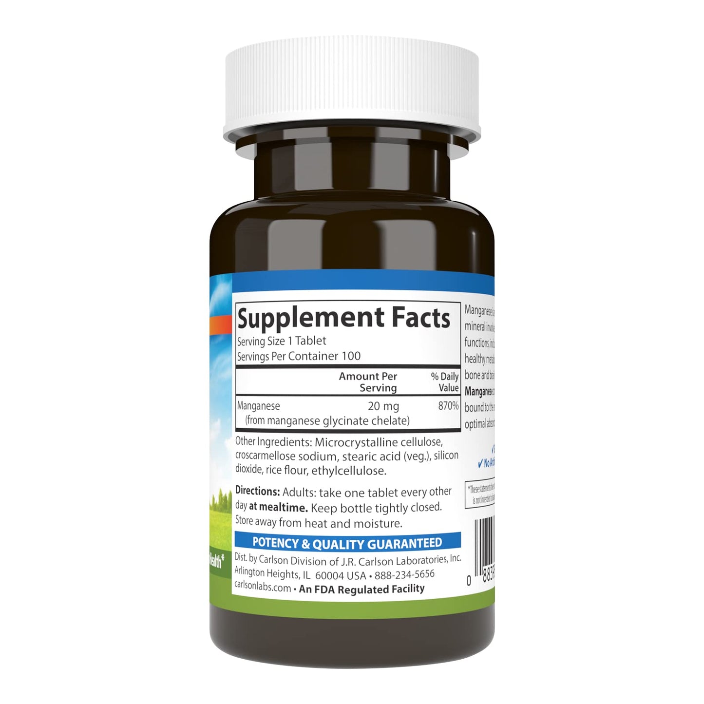 Carlson Chelated Manganese 20 mg | Superior Absorption | 100 Tablets (Pack of 2)