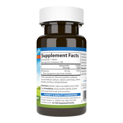 Carlson Chelated Manganese 20 mg – Superior Absorption, Bone & Brain Health | 100 Tablets