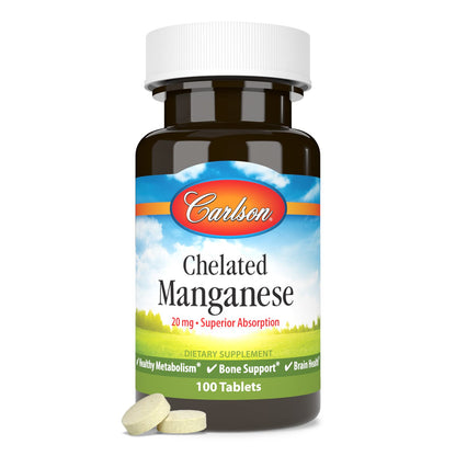 Carlson Chelated Manganese 20 mg – Superior Absorption, Bone & Brain Health | 100 Tablets